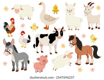 Animais de criação. Desenhos animados domésticos. Adorável vaca, porco, cavalo, ovelha, galinha, ganso. Definir ilustrações vetoriais de pássaros e animais bonitos. 