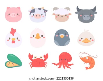 Farm animals cartoon faces for food. Meat for cooking