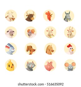 Farm animals cartoon heads round icons collection with horse pig cow bull and rooster isolated vector illustration 