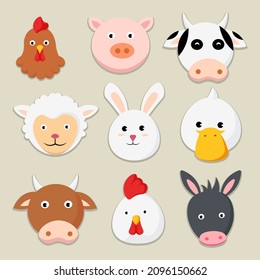 Farm animals cartoon icons set of chicken pig cow sheep rabbit duck bull chick donkey vector illustration