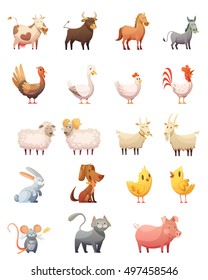 Farm animals cartoon icons set of hen gobbler cow horse ram cat bunny isolated vector illustration  