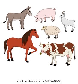 farm animals cartoon set, vector with domestic livestock, pet isolated on white