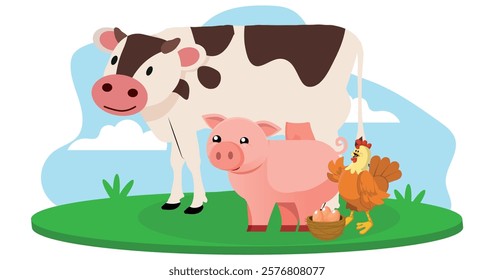 farm animals in cartoon style, cow, pig and chicken, vector illustration.