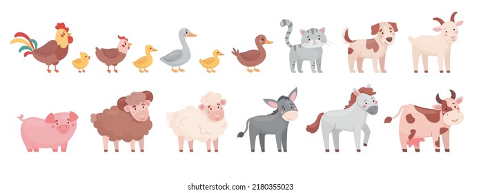 Farm animals in cartoon style. Set of cute animals and poultry: duck, duckling, goose, gosling, chicken, chick, rooster cow, sheep, ram, goat, donkey, horse, pig, cat, dog. Vector flat illustrations