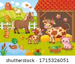 Farm with animals in cartoon style. Vector illustration with pets. Large set of animals and birds.