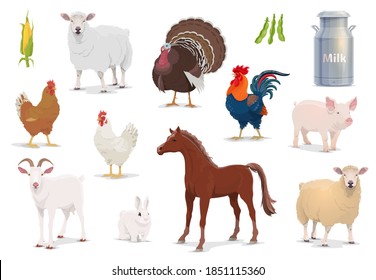 Farm animals cartoon vector sheep, turkey and cock, pig, goat and horse with chicken and rabbit. Corn, milk in tin can and bean pods, farm husbandry production, healthy eco food isolated icons set