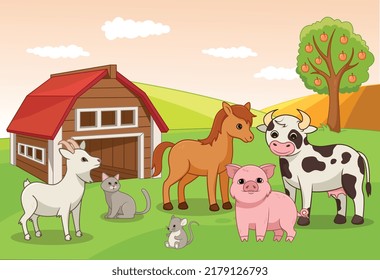 Farm With Animals. Cat, Pig, Horse, Cow And Goat Standing Near Corral. Agriculture. Stylish Wallpaper For Your Phone Or Computer, Poster Or Banner For Website. Cartoon Flat Vector Illustration