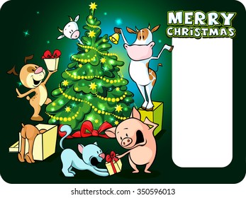 Farm Animals Celebrate Christmas Under The Tree - Vector Illustration Xmas Card