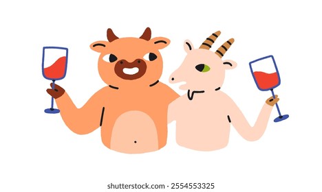 Farm animals celebrating with wine. Funny cow and goat friends holding wineglasses, talking at festive party. Happy comic characters with alcohol. Flat vector illustration isolated on white background