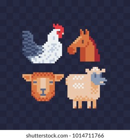 Farm animals character. Sheep, chicken and horse head isolated vector illustration. Cartoon flat style icon for children's mobile app, book illustration and sticker. 8-bit sprite. Pixel art set.