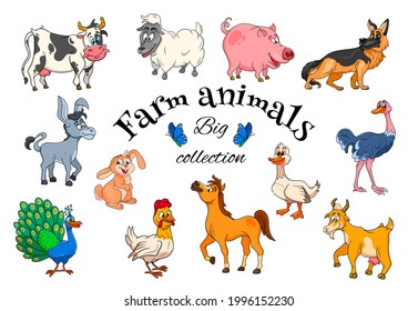 Farm animals characters big set of cartoon rural animals. Horse, pig, duck, chicken, hare, ostrich, cow, goat, peacock, donkey, sheep, dog. Children's illustration. For decoration and design.