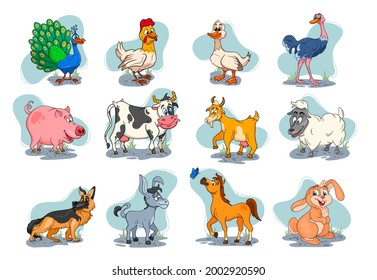 Farm animals characters big set of cartoon rural animals. Horse, pig, duck, chicken, hare, ostrich, cow, goat, peacock, donkey, sheep, dog. Children's illustration. For decoration and design.