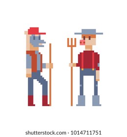 Farm animals characters furry art. Horse and pig with rake. Isolated vector illustration. Cartoon pixel flat style icon for mobile app and sticker. Anthropomorphic design. 8-bit sprite. 