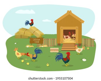 Farm Animals. Chicken coop with many chicks. Chicken vector cartoon chick character hen and rooster in love with baby chickens or hen sitting on eggs