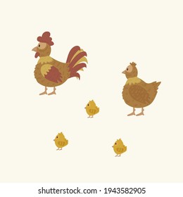 Farm animals chicken family. Vector illustration of cartoon-style livestock. Children's picture with poultry. . Vector illustration