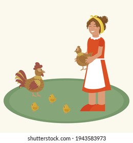Farm animals of the chicken family. Vector illustration of livestock in cartoon style. Children's picture with chickens and a girl. A man takes care of animals.