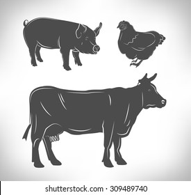 farm animals. chicken, pig, cow. butcher shop.