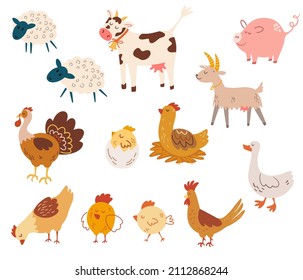 Farm animals. Chickens, rooster, pig, cow, goat, sheep, goose and turkey. Vector cartoon illustration isolated on the white background.