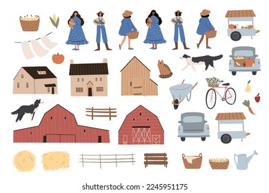 farm animals clipart, farm life svg png ai illustrations, farmhouse background png, cartoon characters flat vector style, svg