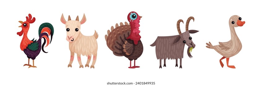 Farm Animals with Cockerel, Goat, Goose and Turkey Vector Set