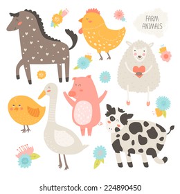 Farm animals collection with flower. Vector cute animals, cow,  pig,  sheep,  chicken, horse, hen, goose isolated on white background