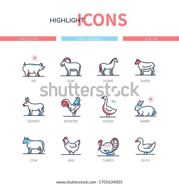 Farm animals collection - line design style icons\
set with blue, red color filling. Images of a pig, goat, horse,\
sheep, donkey, rooster, goose, rabbit, cow, hen, turkey, duck.\
Agriculture concept