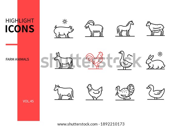 Farm animals collection - line design style icons\
set on white background. Black images of a pig, goat, horse, sheep,\
donkey, rooster, goose, rabbit, cow, hen, turkey, duck. Agriculture\
concept
