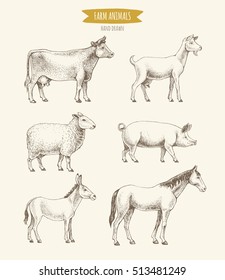 Farm animals collection. Vector illustration of hand drawn farm animals in retro style, including cow, goat, sheep, pig, donkey and horse, isolated on background. 