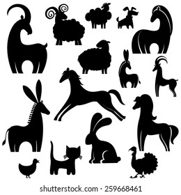 Farm animals collection. vector silhouette.
