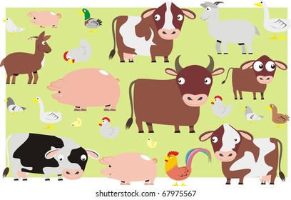 Farm animals color vector illustration set on light green