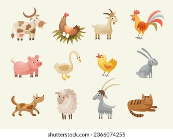 Farm animals. Colored domestic animals recent vector cartoon illustrations set