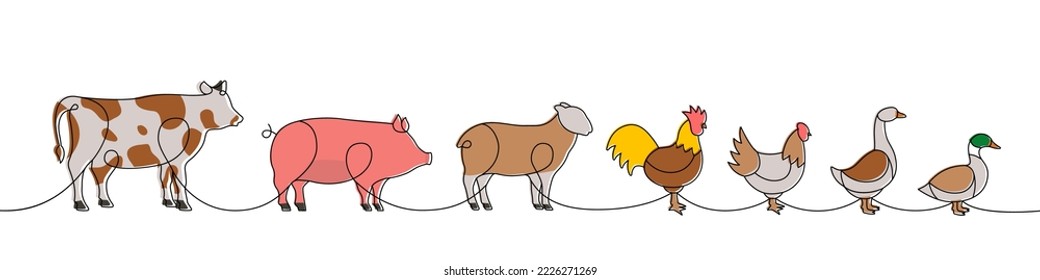 Farm animals colored one line continuous drawing. Cow, Pig, Sheep, Rooster, Chicken, Goose, Duck silhouettes. Farm animals one line illustration.