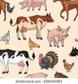 Farm animals colorful pattern seamless with poultry and cattle or pigs with horses from agro enterprise vector illustration