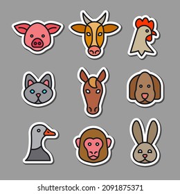 farm animals colorful sickers, badges and icons illustrations