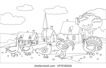 Farm animals coloring book educational illustration for children. Set cute cow, buffolo, sheep, duck, rooster, horse, rural landscape colouring page. Vector black white outline cartoon characters
