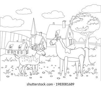 Farm animals coloring book educational illustration for children. Cute goat and horse, rural landscape colouring page. Vector black white outline cartoon characters