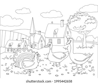 Landtiere färben Buch pädagogische Illustration für Kinder. Cute Pute, Ente, Gänse, Landschaftsfarben-Seite. Vektorschwarz-weiße Rahmenzeichen