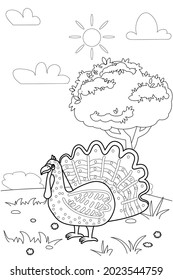 Farm animals coloring book educational illustration for children. Cute turkey, rural landscape colouring page. Vector black white outline cartoon characters