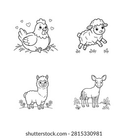Farm animals coloring page with chicken sheep llama and fawn silhouette