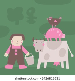 Composición de los animales de granja. Lindo garabato dibujado a mano dulce pollo, gallina, cerdo, vaca, granjero. Tarjeta, postal, impresión de la camiseta, cubierta, cartel con animal divertido para el niño, niños