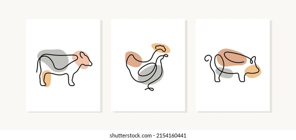 Farm animals continuous line posters. Cow, chicken, pig illustrations.