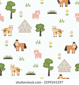 Farm animals and country house isolated on a beige background. Seamless pattern for kids and children. Flat style. Background for paper, cover, textile, gift wrap, wallpaper.