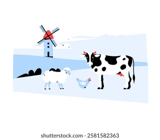 Farm Animals in Countryside Landscape in Flat Vector Illustration Symbolizing Rural Life, Livestock Farming, and Agricultural Sustainability, Isolated on White Background