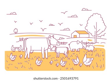 Farm animals countryside scene cows pigs chickens grazing field barn tree line art minimalistic style