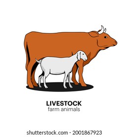 Farm animals, cow, cattle, sheep vector illustration. Milk, fleece, livestock, meat, beef, domestic. Simple and creative design, isolated background. Used for business, brand symbol logo and icon. 