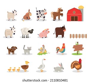 Farm animals - cow, goat, donkey, pig, horse, sheep, chicken, hen, rabbit, bull, cat, dog, rooster, duck, goose, turkey. Cute cartoon farm pets collection vector illustration. Domestic animals set.