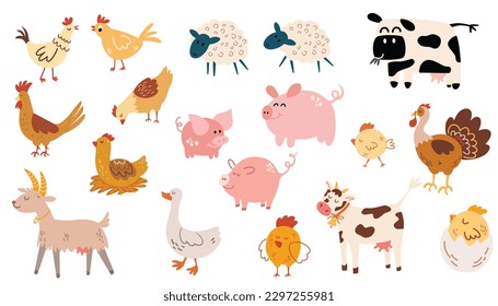 Animales de granja. Vaca, ganso, pavo, cabra, cerdo, lechón, gallinas, gallo, gallinas, ovejas. Diseño ideal para niños, para tela, envoltura, textil, papel pintado, vestimenta. Ilustración vectorial de dibujos animados