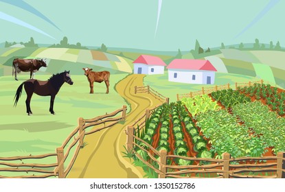 farm animals cow horse field crops, vector 3d illustration isolated