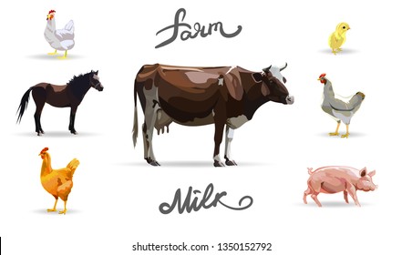 farm animals cow horse field crops, vector 3d illustration isolated