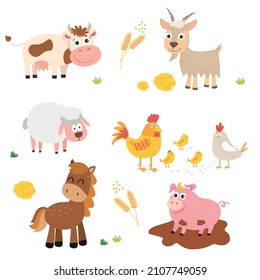 Farm animals. Cow, horse, pig, goat, sheep, chicken, chickens, rooster.